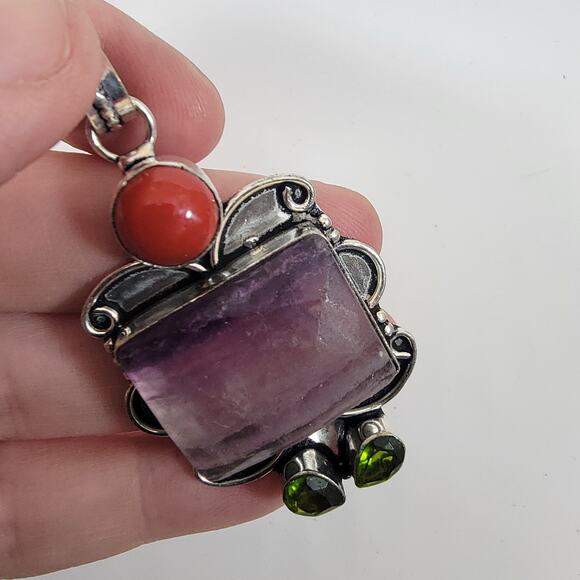 Handmade Silver Pendant with Banded Amethyst Jasper and Green Quartz Trio - Picture 7 of 10